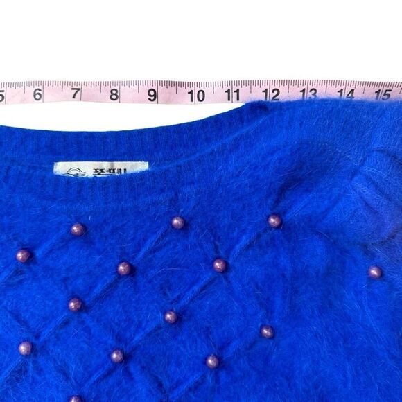 Vintage 80s Angora Sweater Women’s Med Fuzzy Blue Purple Pearl Embellished - Picture 10 of 14